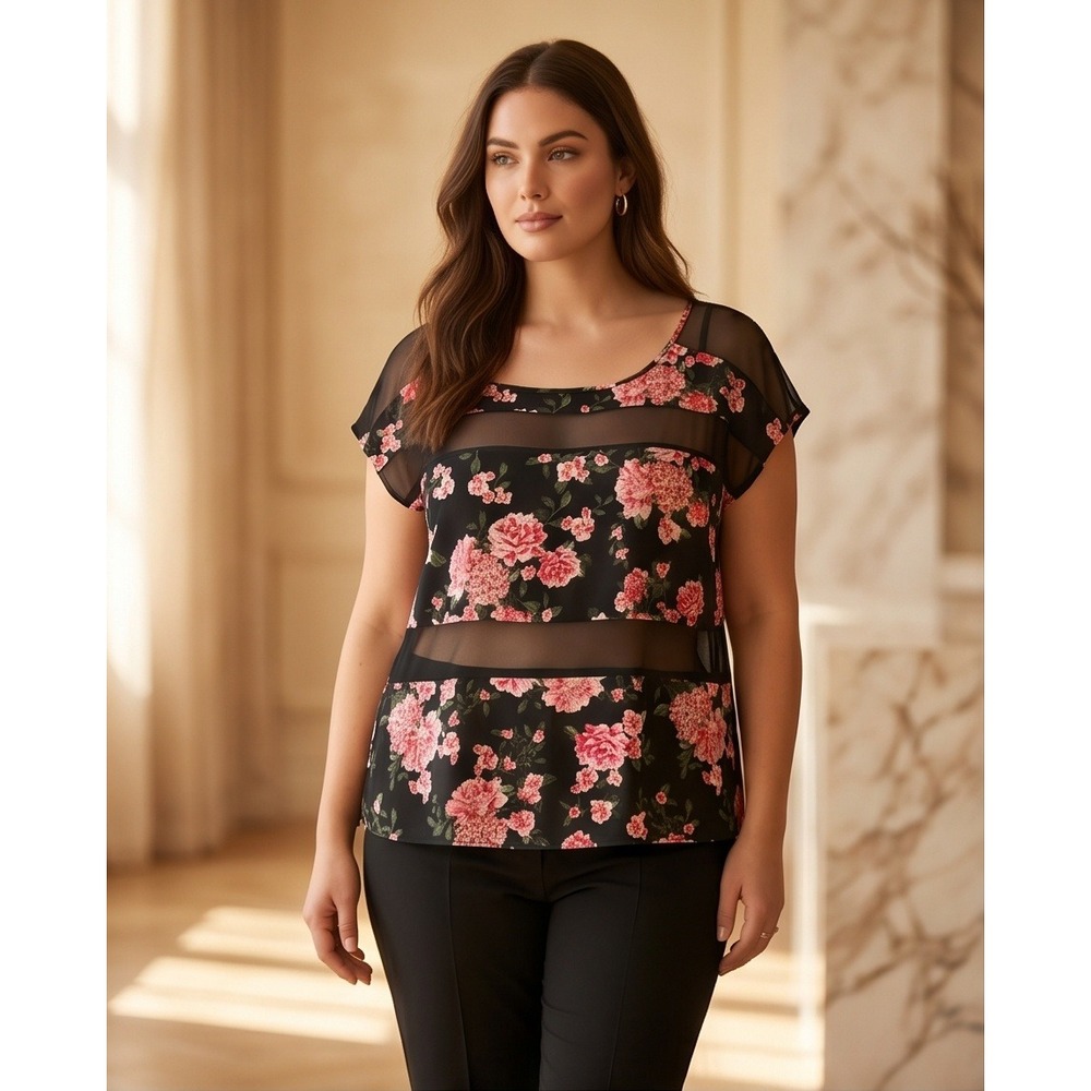 Torrid 1 Sheer Mesh Panel Floral Blouse Black Pink Romantic Airy Plus Size 1X